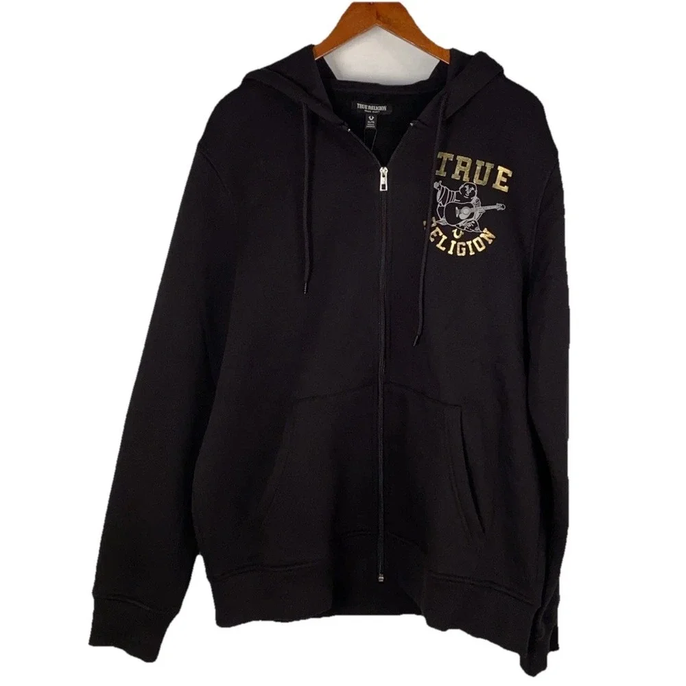 True Religion Buddha 3 Star Full Zip Hoodie Sweatshirt Black Gold  Men's XL NWT‎
